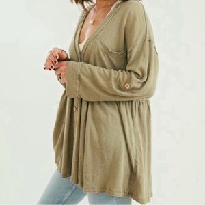 We The Free Jolin Tunic Deep V-Neck Linen Blend Hot Spring Green, Size Large